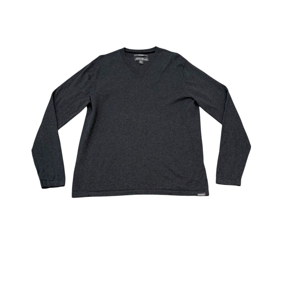 Eddie Bauer Mens Gray Cotton Merino Wool Blend V-neck Sweater Size L